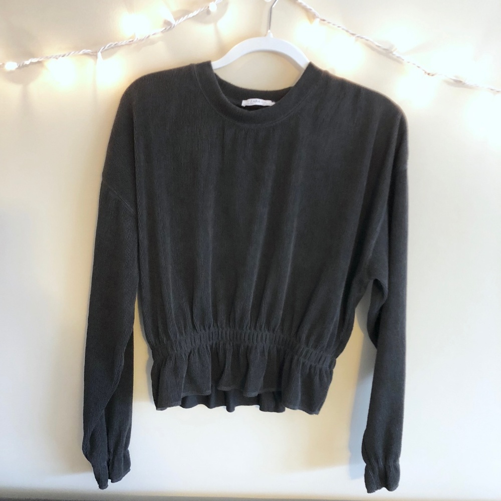 Zara | Ribbed Ruffle Top Dark Grey Oversized - Picture 2 of 7
